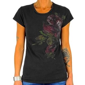 Roxy Graphic Roses Tee Size Large Juniors Black